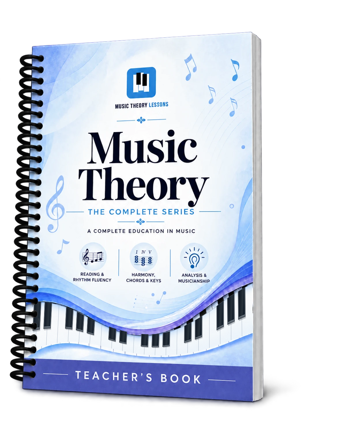 Teacher’s Book product mockup with black spiral binding and actual key-signature handouts