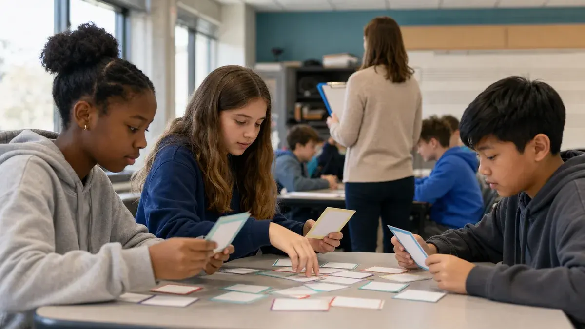 Students sorting key-signature cards in small groups during music theory class.