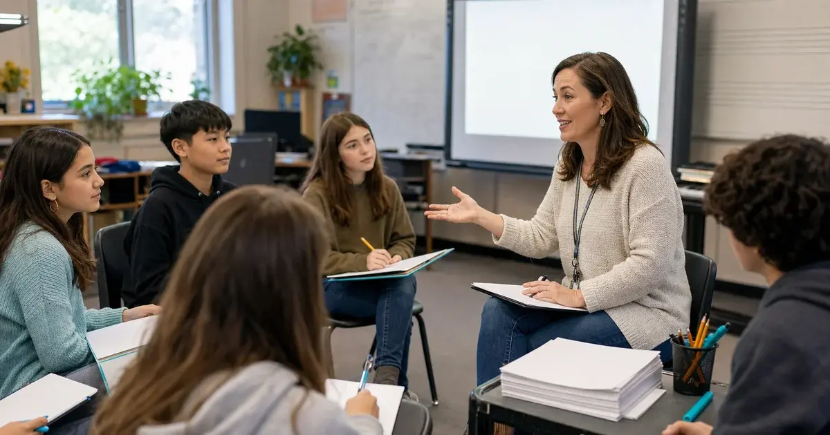 Music teacher leading a short theory warm-up with printable worksheets.