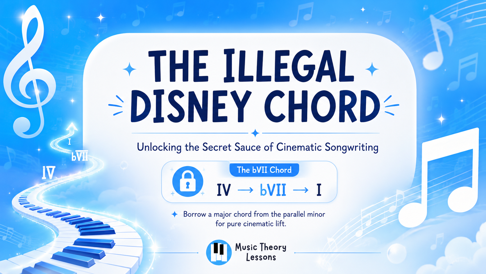 Piano keys highlighting the bVII major chord — the cinematic Disney songwriting secret