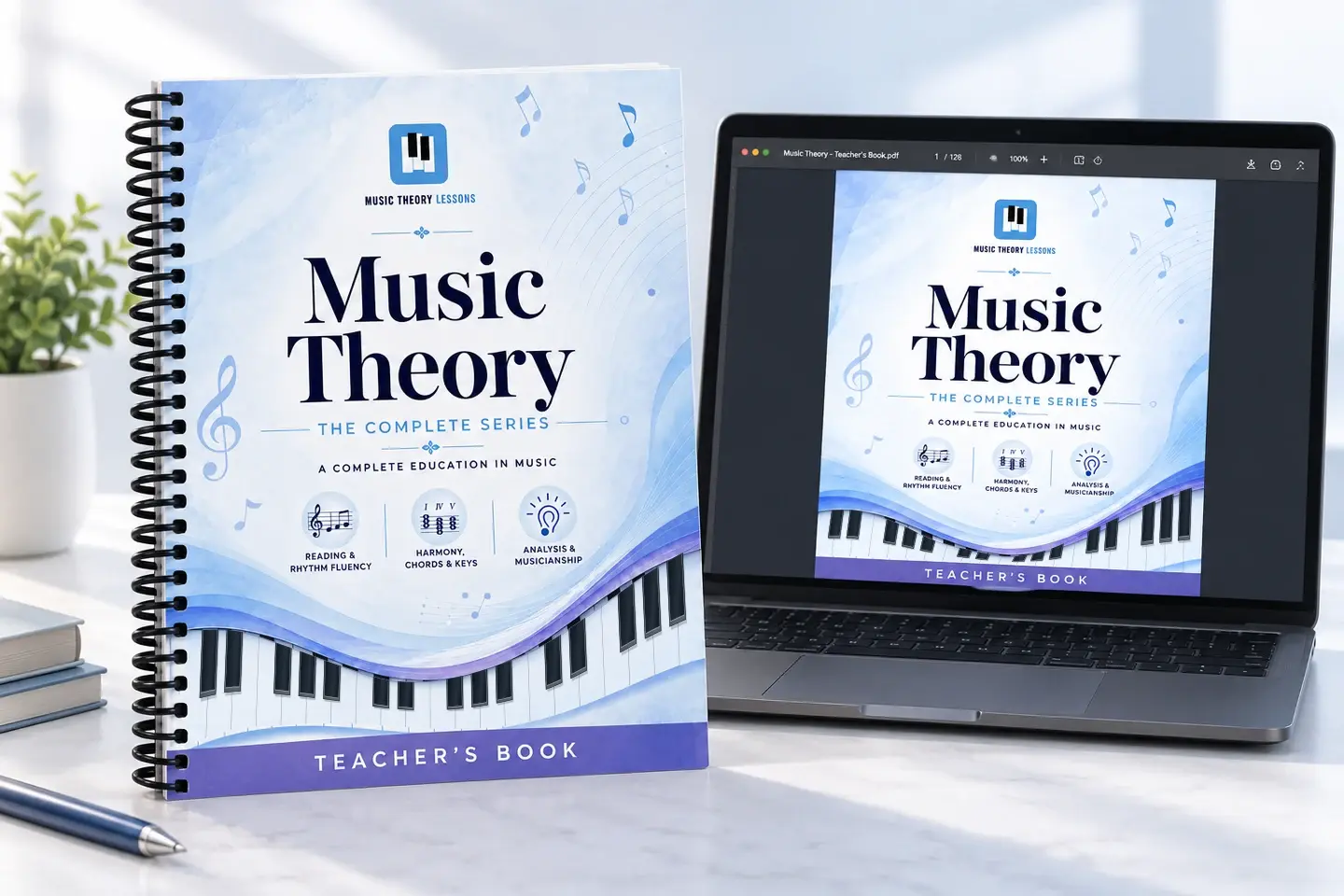 Teacher’s Book product mockup beside a laptop displaying the digital edition