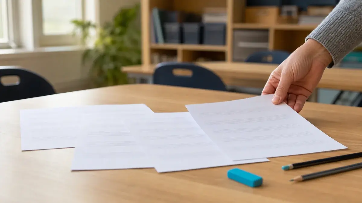 Printed beginner theory worksheets fanned on a classroom table with pencils.