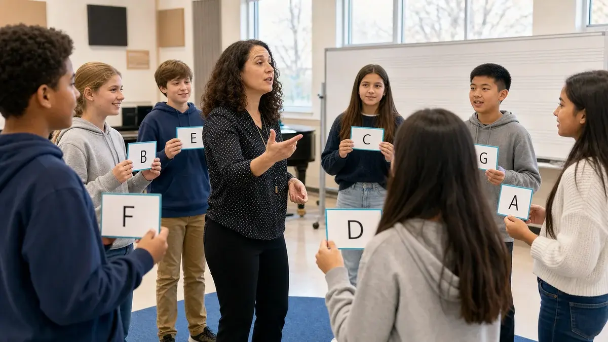 Students standing in a circle holding key-name cards during a circle-of-fifths activity.