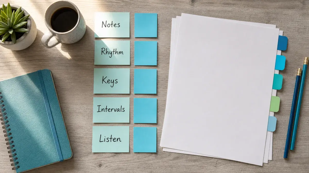 Teacher desk with weekday-labeled theory warm-up worksheets and sticky notes.