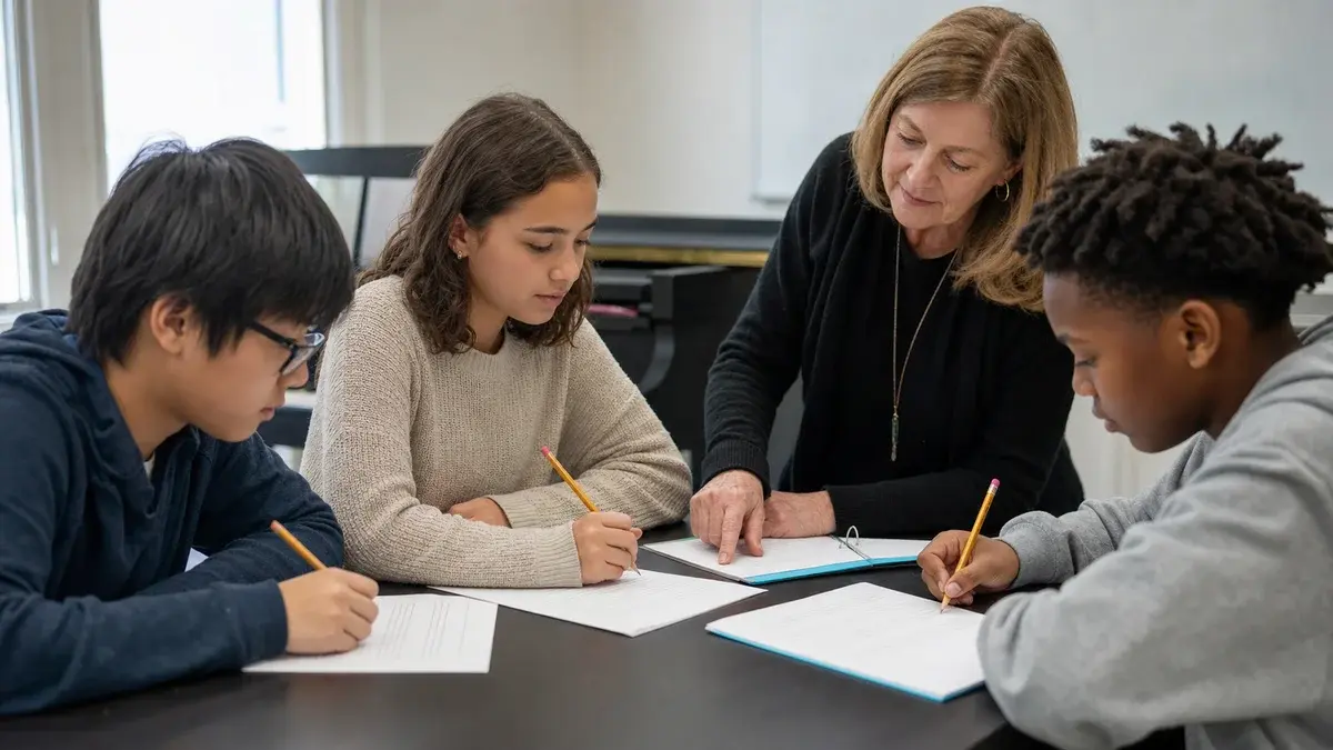 Small group spelling triads on staff paper during a theory lesson.