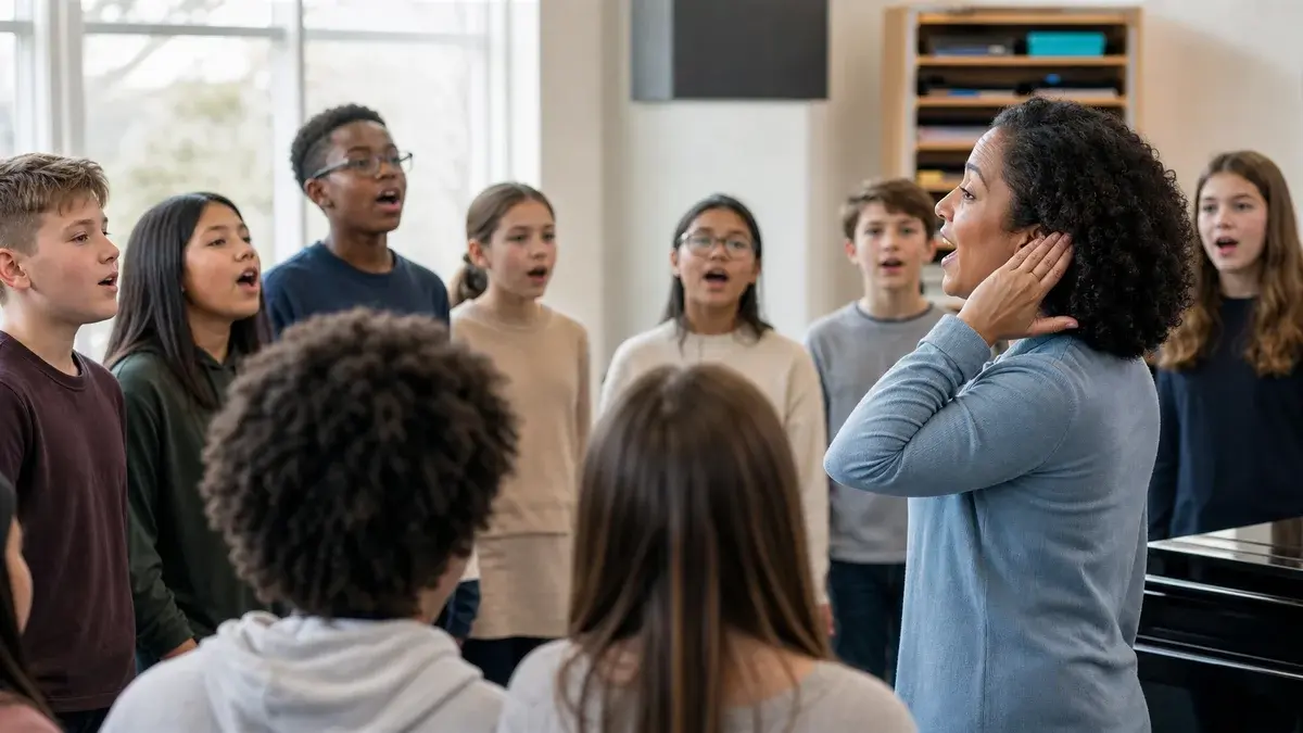 Choir students echoing a pattern in call-and-response with their teacher.