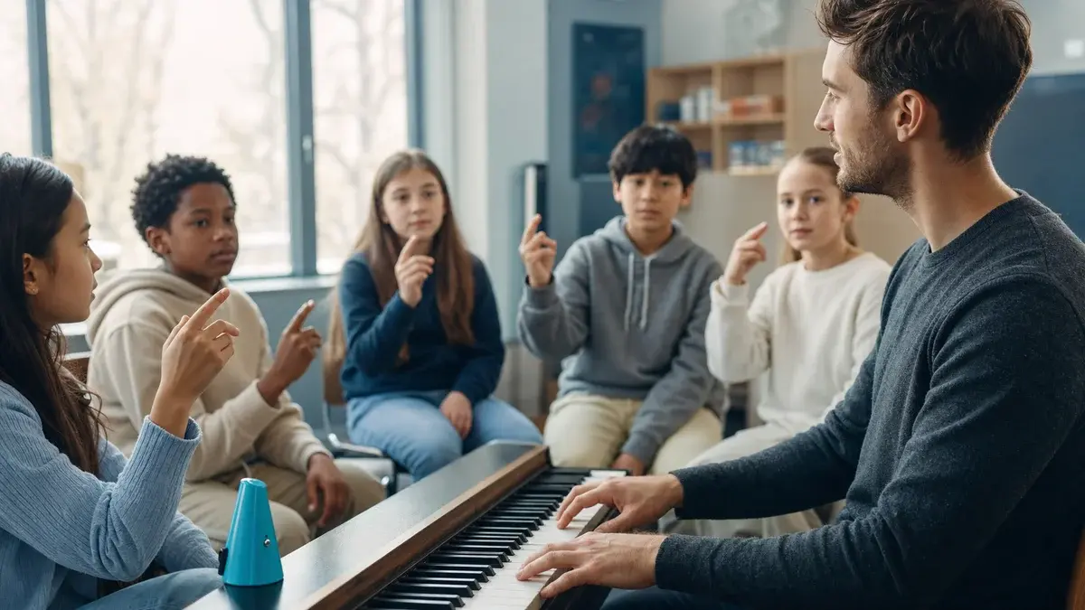 Teacher at the piano while students echo an interval pattern.